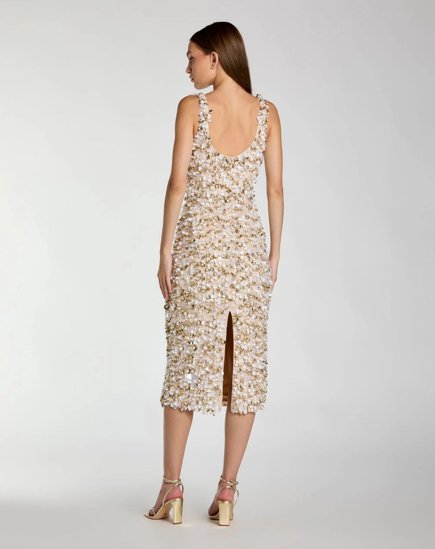 Beige Sleeveless Paillette Embellished Fitted Midi Dress