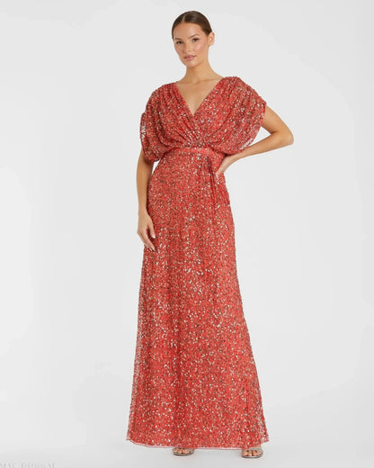 Draped Sleeve V Neck Gown