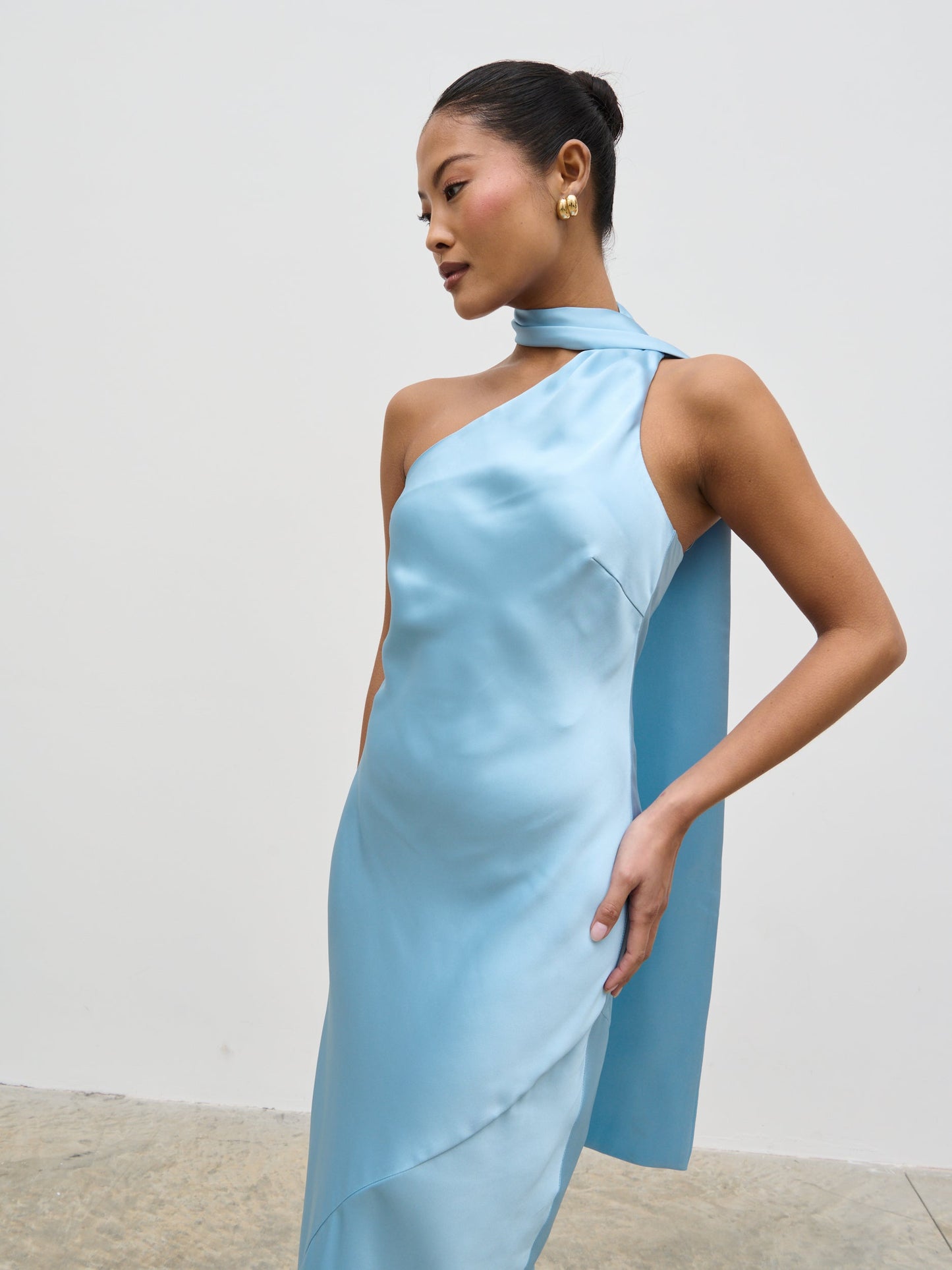 Sheree One Shoulder Scarf Midaxi Dress - Sky Blue