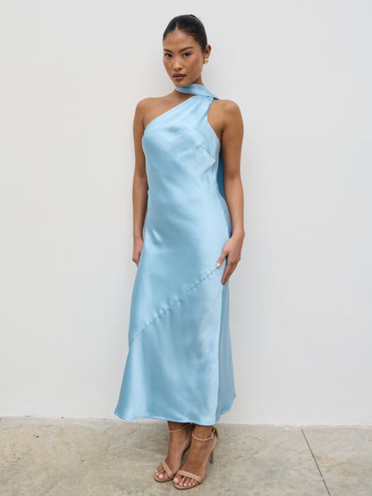 Sheree One Shoulder Scarf Midaxi Dress - Sky Blue