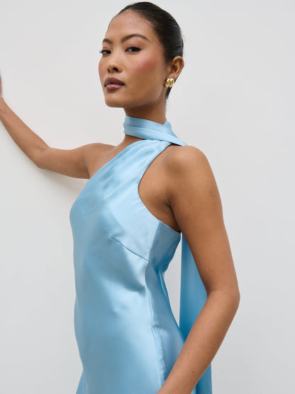 Sheree One Shoulder Scarf Midaxi Dress - Sky Blue