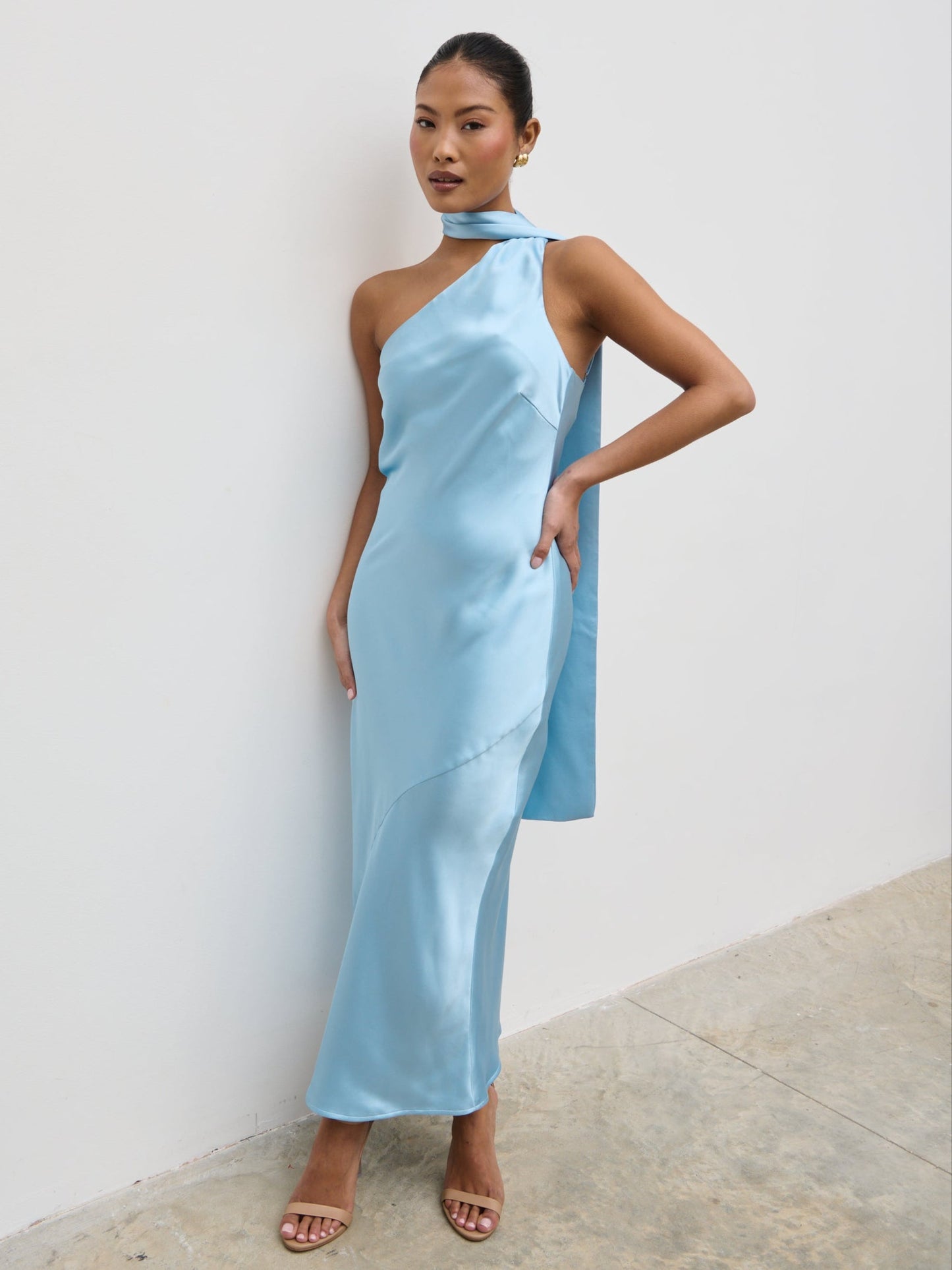 Sheree One Shoulder Scarf Midaxi Dress - Sky Blue